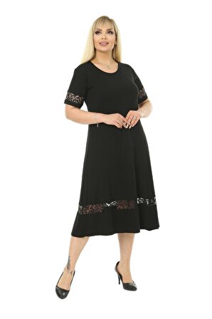 Melsay Butik Dantel Detaylı Siyah Kadın Büyük Beden Midi Elbise