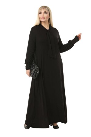 Melsay Butik Fularlı Siyah Uzun Kollu Büyük Beden Kadın Elbise