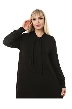 Melsay Butik Fularlı Siyah Uzun Kollu Büyük Beden Kadın Elbise
