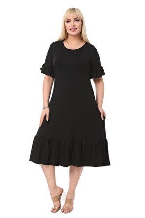 Melsay Butik Cepli Fırfırlı Siyah Kısa Kollu Kadın Midi Elbise