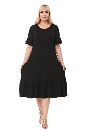 Melsay Butik Cepli Fırfırlı Siyah Kısa Kollu Kadın Midi Elbise