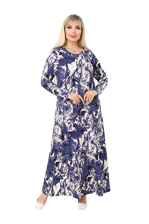 Melsay Butik Mavi Batik Desen Kollu Kadın Uzun Tesettür Elbise
