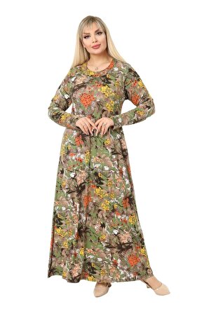 Melsay Butik Yeşil Tropikal Desen Kollu Kadın Uzun Tesettür Elbise