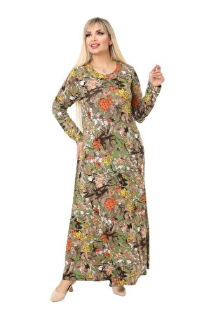 Melsay Butik Yeşil Tropikal Desen Kollu Kadın Uzun Tesettür Elbise