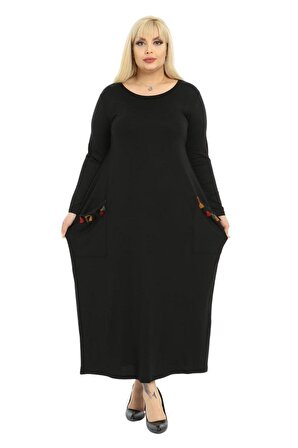 Melsay Butik Püsküllü Cepli Kadın Uzun Kollu Siyah Tesettür Elbise
