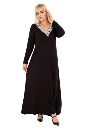 Melsay Butik Siyah V Yaka Dantel Detaylı Uzun Kollu Elbise