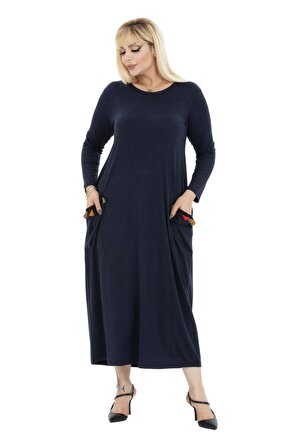 Melsay Butik Lacivert Püskül Detaylı Uzun Kollu Cepli Yünlü Uzun Elbise