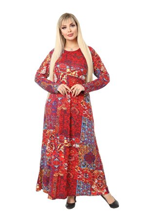 Melsay Butik Kırmızı Etnik Desen Kollu Kadın Uzun Tesettür Elbise
