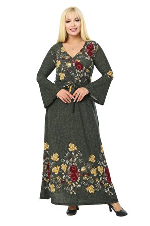 Melsay Butik Haki Kruvaze Yaka Çiçek Desen Kadın Krep Uzun Elbise