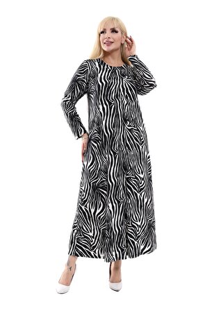 Melsay Butik Büyük Beden Siyah Zebra Desenli Tesettür Elbise