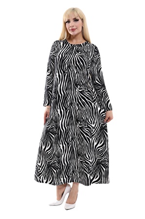 Melsay Butik Büyük Beden Siyah Zebra Desenli Tesettür Elbise