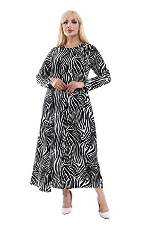 Melsay Butik Büyük Beden Siyah Zebra Desenli Tesettür Elbise