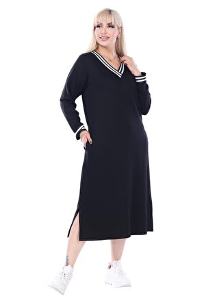 Melsay Butik Siyah Yakası Şeritli V Yaka Sweat Büyük Beden Elbise