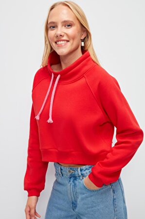 Düz Renk Kordon Detaylı Kısa Sweatshirt