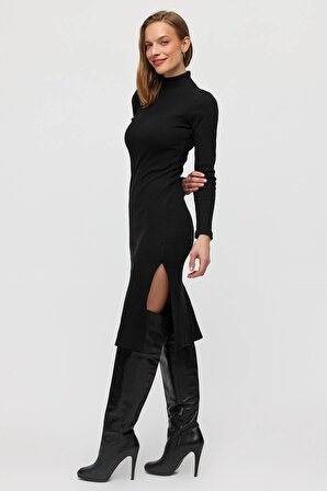 Düz Renk Yarım Boğazlı Fitilli Elbise-Siyah