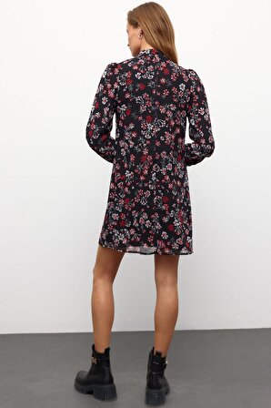 Muni Muni Baskılı Uzun Kollu Astarlı Şifon Elbise-Kırmızı Çiçekli