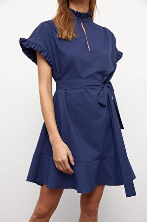 Muni Muni Düz Renk  Kısa Kollu Fırfır Detaylı Kuşaklı Elbise-Lacivert