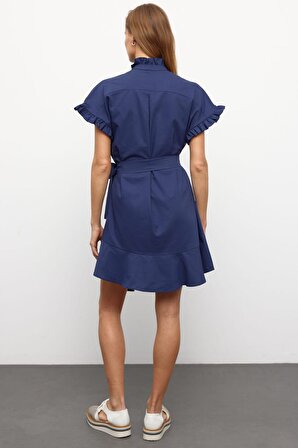 Muni Muni Düz Renk  Kısa Kollu Fırfır Detaylı Kuşaklı Elbise-Lacivert