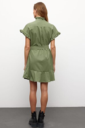 Muni Muni Düz Renk  Kısa Kollu Fırfır Detaylı Kuşaklı Elbise-Haki