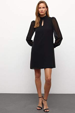 Muni Muni Düz Renk Uzun Kollu Astarlı Şifon Elbise-Siyah