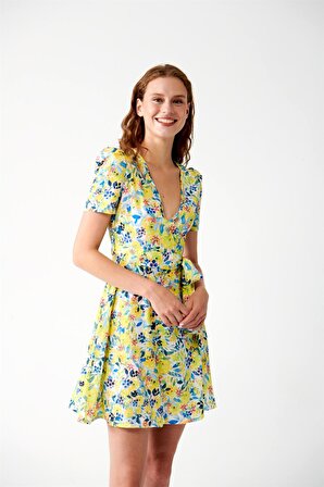 ADR Fırça Desenli Kemerli Elbise - Sarı
