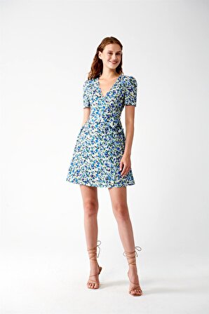 ADR Fırça Desenli Kemerli Elbise - Mavi