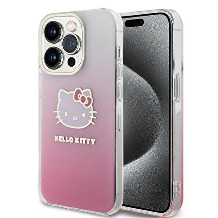 Apple iPhone 15 Pro Max Kılıf Hello Kitty Orjinal Lisanslı Yazı ve İkonik Logolu Elektroplating Kaplama Gradyan Kapak