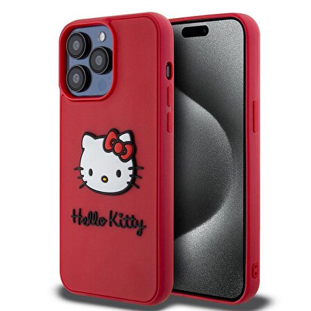 Apple iPhone 15 Pro Max Kılıf Hello Kitty Orjinal Lisanslı Yazı ve İkonik Logolu 3D Rubber Kitty Head Kapak