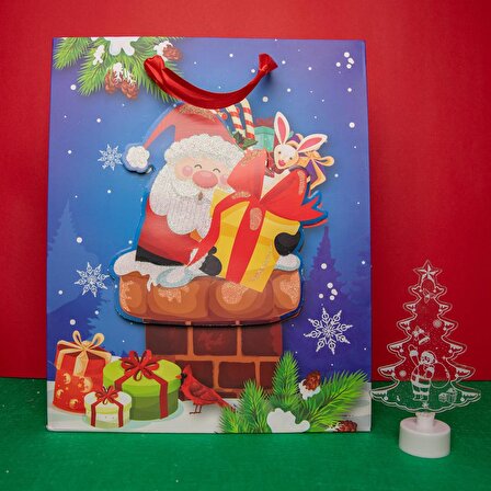Yılbaşı Noel Baba Temalı Karton Hediye Çantası (32cm x 26cm)