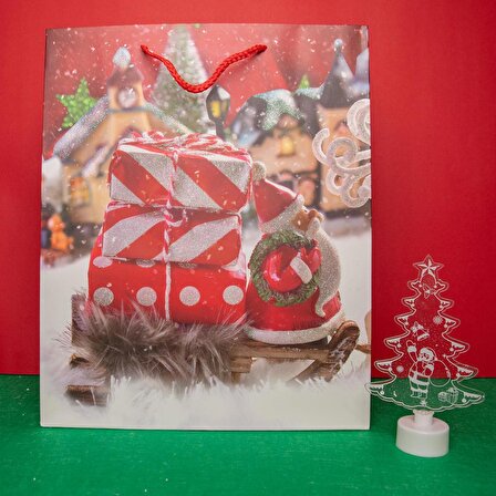 Yılbaşı Noel Baba Temalı Karton Hediye Çantası (32cm x 26cm