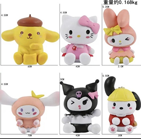 Kuromi My Melody Cinnamoroll Pochacco Pompompurin Hello Kitty 6 Parça Figür Seti