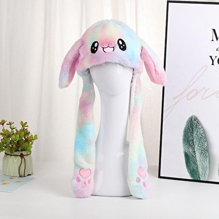 Işıklı Oynar Kulaklı Peluş Kawaii Figürlü Şapka Rainbow Rengarenk