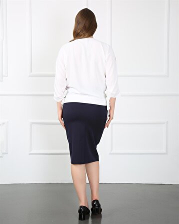 Yuvarlak Yaka Kol Detaylı Desenli Bluz Diz Altı Etek Lacivert İkili Takım