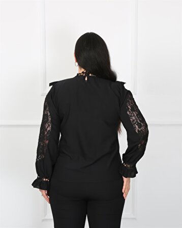 Uzun Kol Dantelli Desenli Jessica Kumaş Siyah Bluz