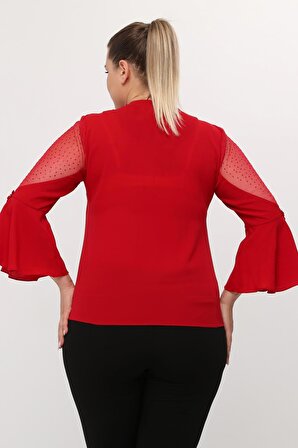 Yuvarlak Yaka Kol Detaylı Krep Kumaş Kırmızı Bluz