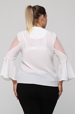 Yuvarlak Yaka Kol Detaylı Krep Kumaş Beyaz Bluz