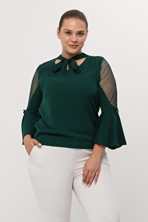 Yuvarlak Yaka Kol Detaylı Krep Kumaş Zümrüt Yeşili Bluz