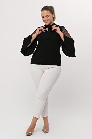 Yuvarlak Yaka Kol Detaylı Krep Kumaş Siyah Bluz