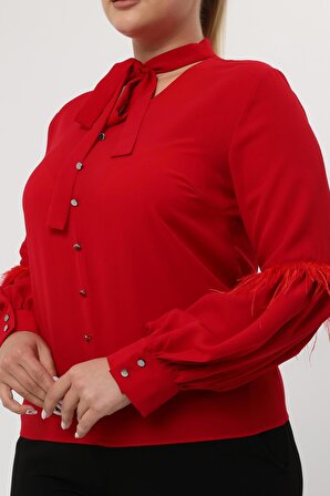 V Yaka Kol Tül Detaylı Krep Kumaş Kırmızı Bluz