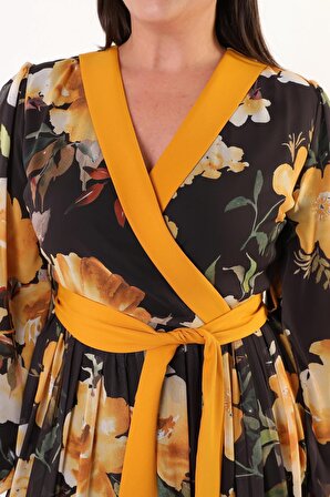 Uzun V Yaka Taşlı Şifon Belden Kurdeleli Hardal Sarısı Elbise