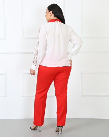 Uzun Kollu Krep Bluz Double Kumaş Pantolon Kırmızı İkili Takım 