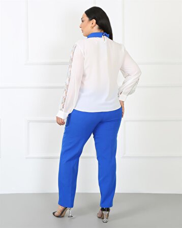 Uzun Kollu Krep Bluz Double Kumaş Pantolon Mavi İkili Takım 