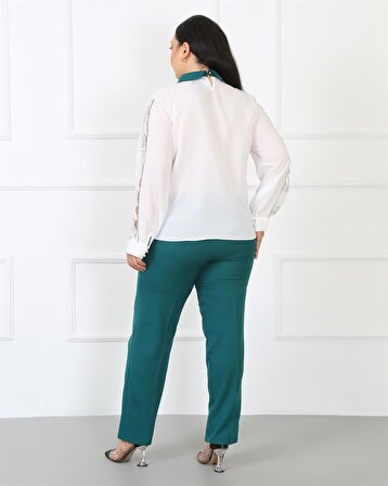 Uzun Kollu Krep Bluz Double Kumaş Pantolon Yeşil İkili Takım 