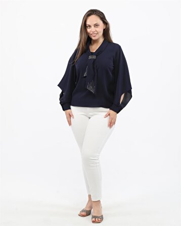 Fular Detay İpeksi Krep Lacivert Bluz