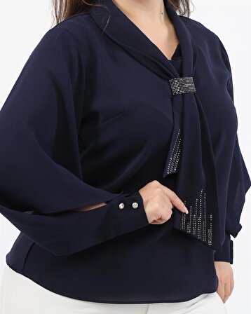 Fular Detay İpeksi Krep Lacivert Bluz