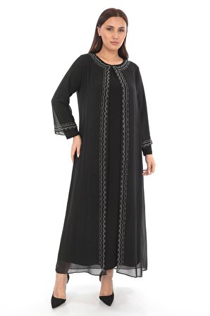 Yuvarlak Yaka Detay İşlemeli Şifon Siyah Abiye Elbise
