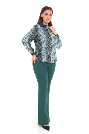 Fermuarlı Jessica Kumaş Bluz Double Kumaş Pantolon Yeşil İkili Takım