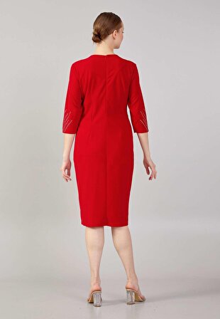 Taş İşlemeli Fakir Kol Krep Kırmızı Elbise