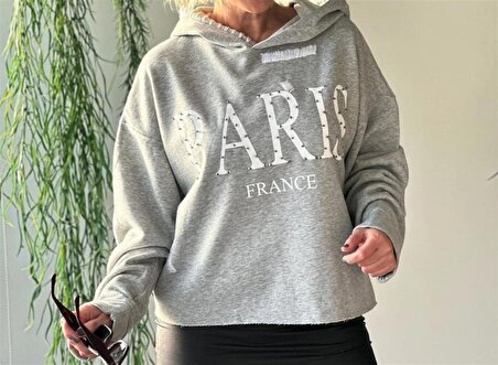 Kadın Sweat Şardonlu Taşlı Paris Örme Baskılı Kapşonlu 