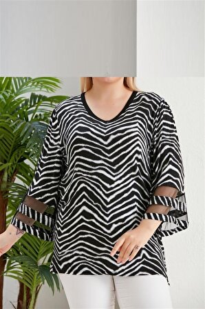 Kadın Bluz Kolları Çan Kesim Tül Detaylı Zebra Desenli V Yaka Viskon Kumaş